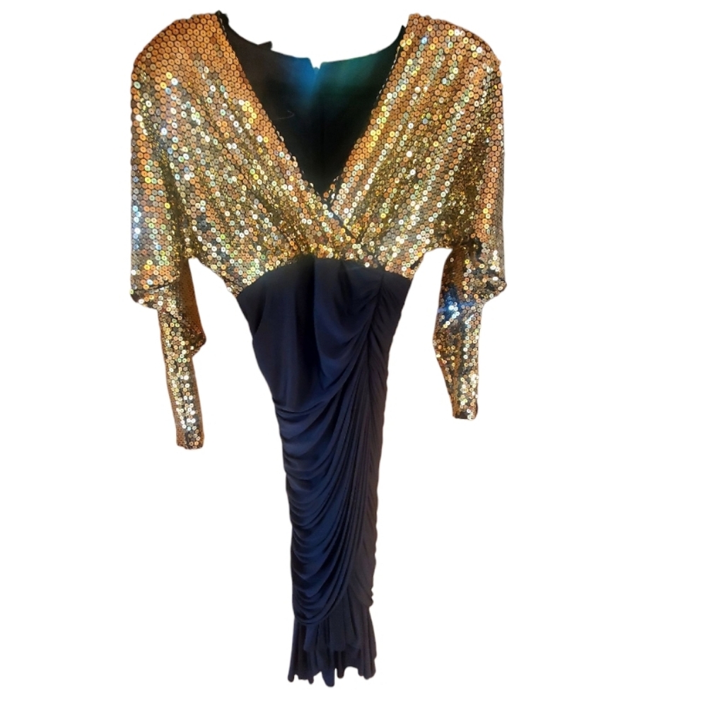 Vintage 90s Tadashi Gold Sequined Black  Formal Evening Gown Size 2(6)